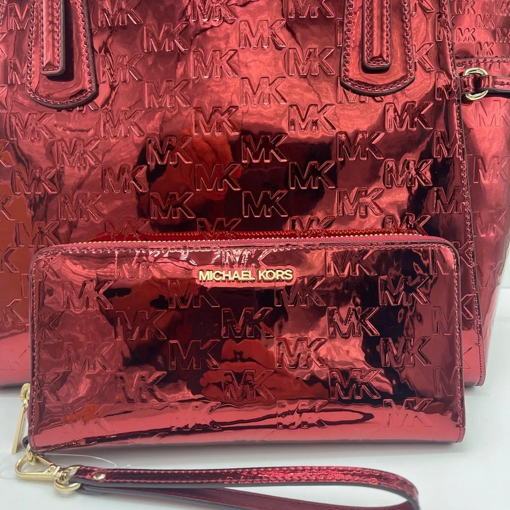 MICHAEL KORS Voyager Lg Metallic Logo Debossed EW  Tote & Jet Set Lg Logo Wallet - Picture 2 of 16